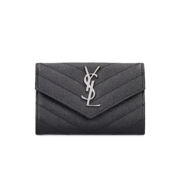 SAINT LAURENT MULTI FOLDED WALLET IN GRAIN DE POUDRE EMBOSSED LEATHER BLACK 12CM 414404BOW021000