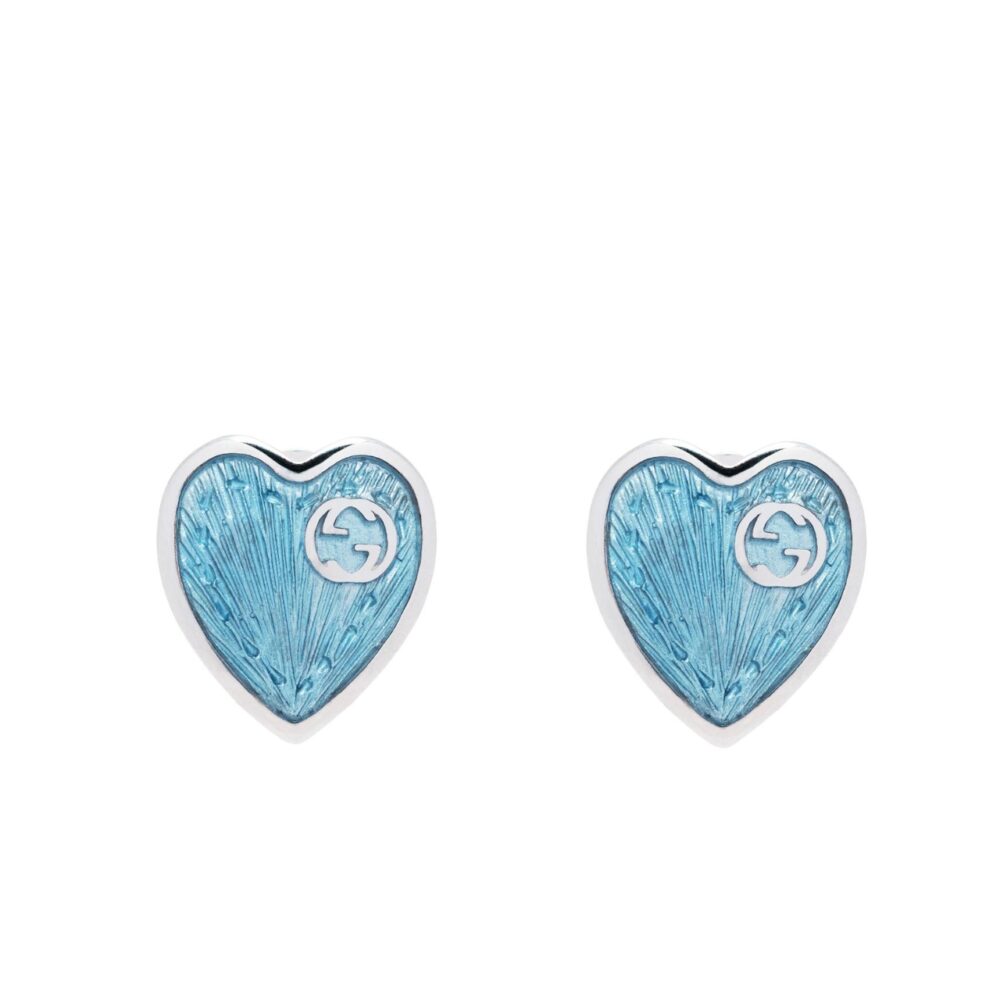 GUCCI HEART EARRINGS WITH INTERLOCKING G LIGHT BLUE ENAMEL SILVER 645547 J8410 8183