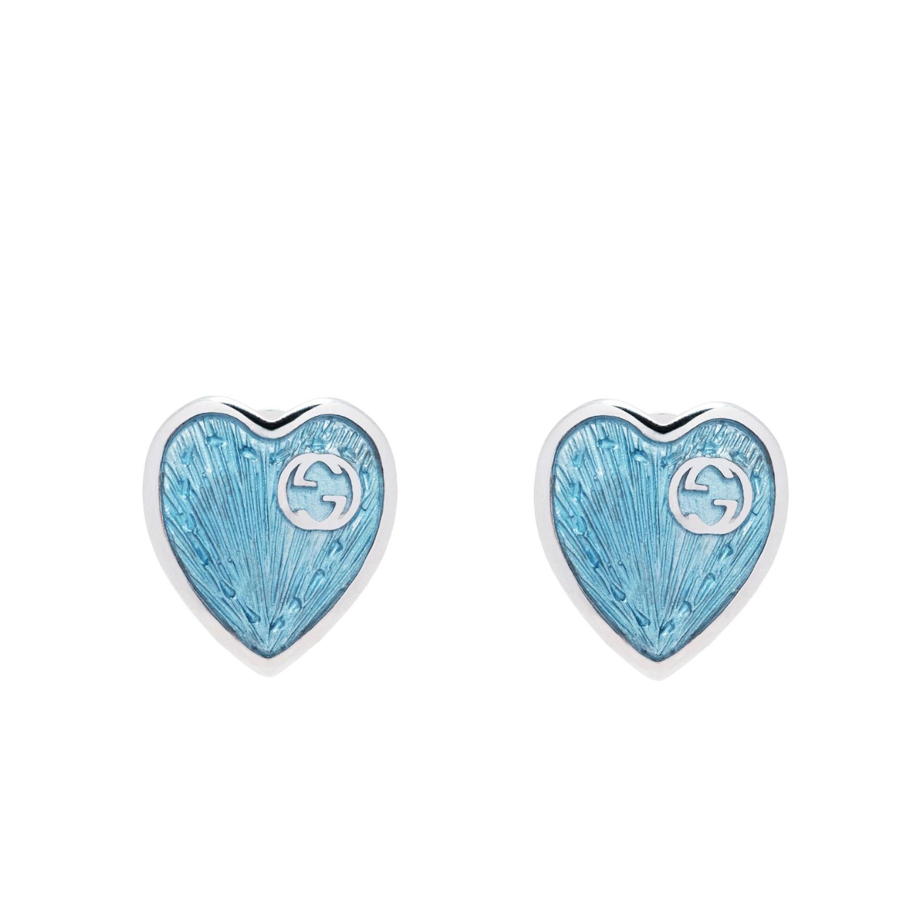 GUCCI HEART EARRINGS WITH INTERLOCKING G LIGHT BLUE ENAMEL SILVER 645547 J8410 8183