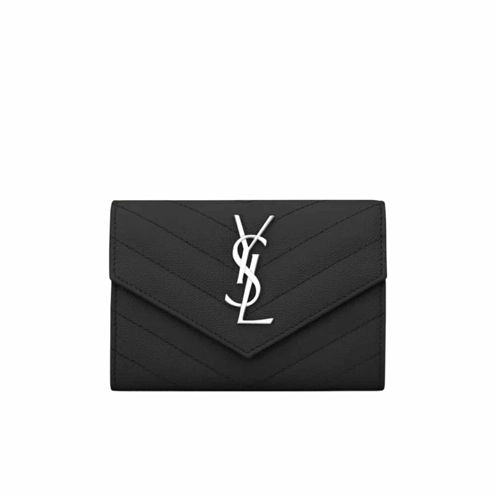 SAINT LAURENT CASSANDRE MATELASSÉ SMALL ENVELOPE WALLET IN GRAIN DE POUDRE LEATHER BLACK SILVER 13CM 414404BOW021000