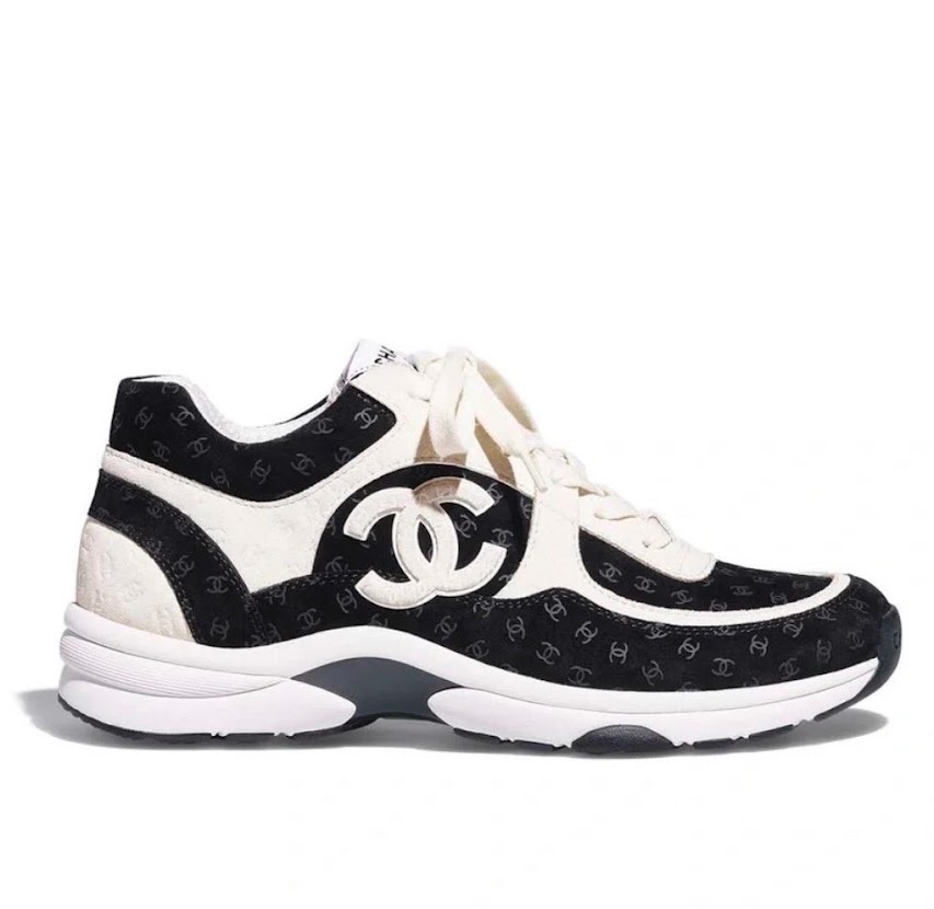 CHANEL PRINTED SUEDE CALFSKIN SNEAKERS WHITE AND BLACK G39230 X56653 94305