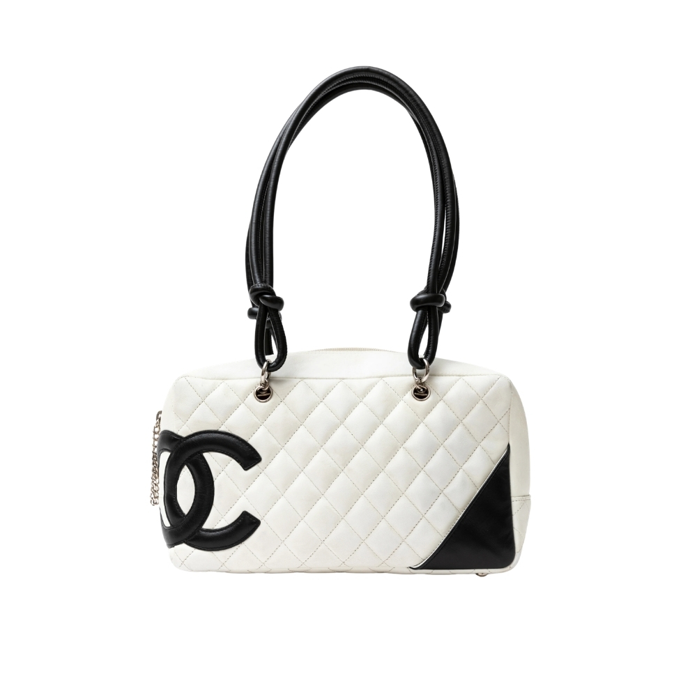 Chanel Cambon Bowler Bag Quilted Leather White And Black 26Cm