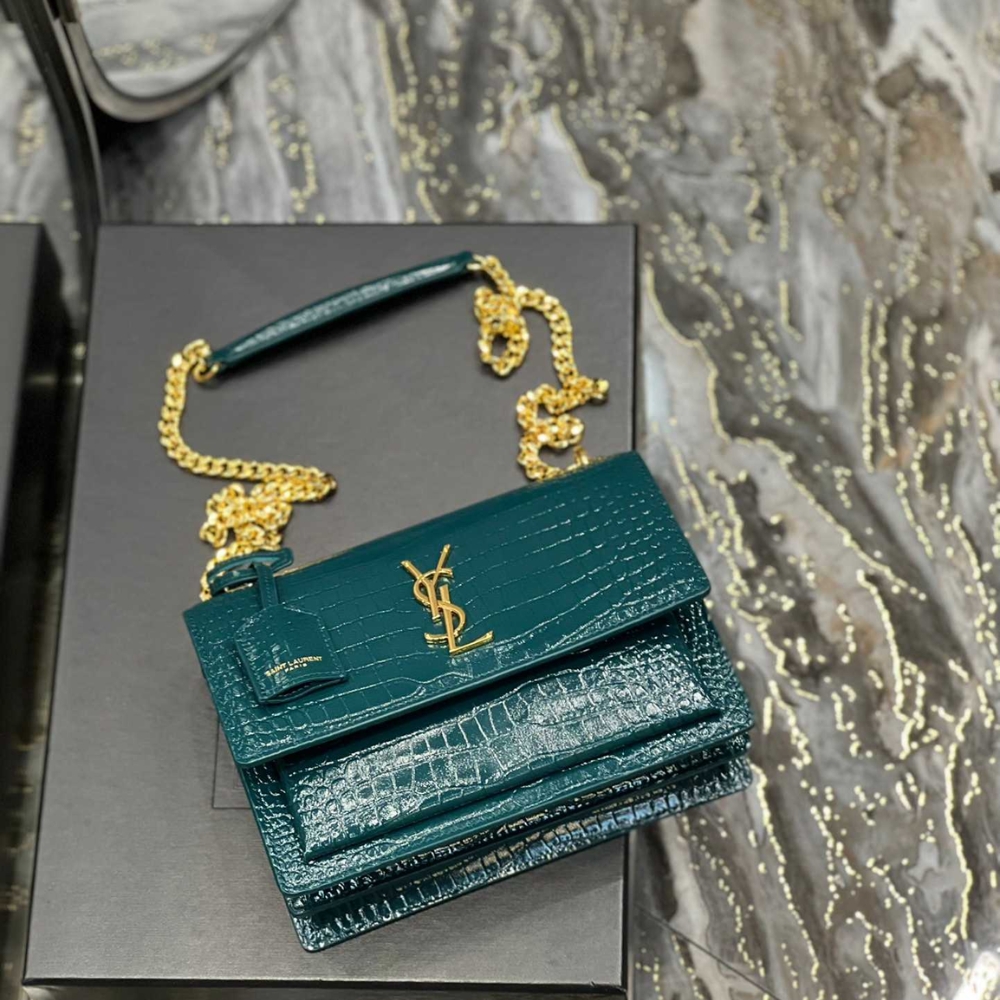 Saint Laurent Sunset Medium In Crocodile Embossed Leather Dark Green 22cm 442906DND0J3144 - Image 4