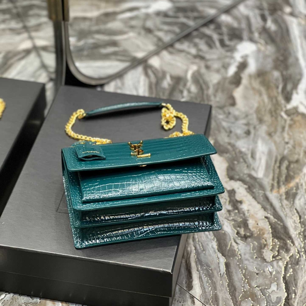 Saint Laurent Sunset Medium In Crocodile Embossed Leather Dark Green 22cm 442906DND0J3144 - Image 5