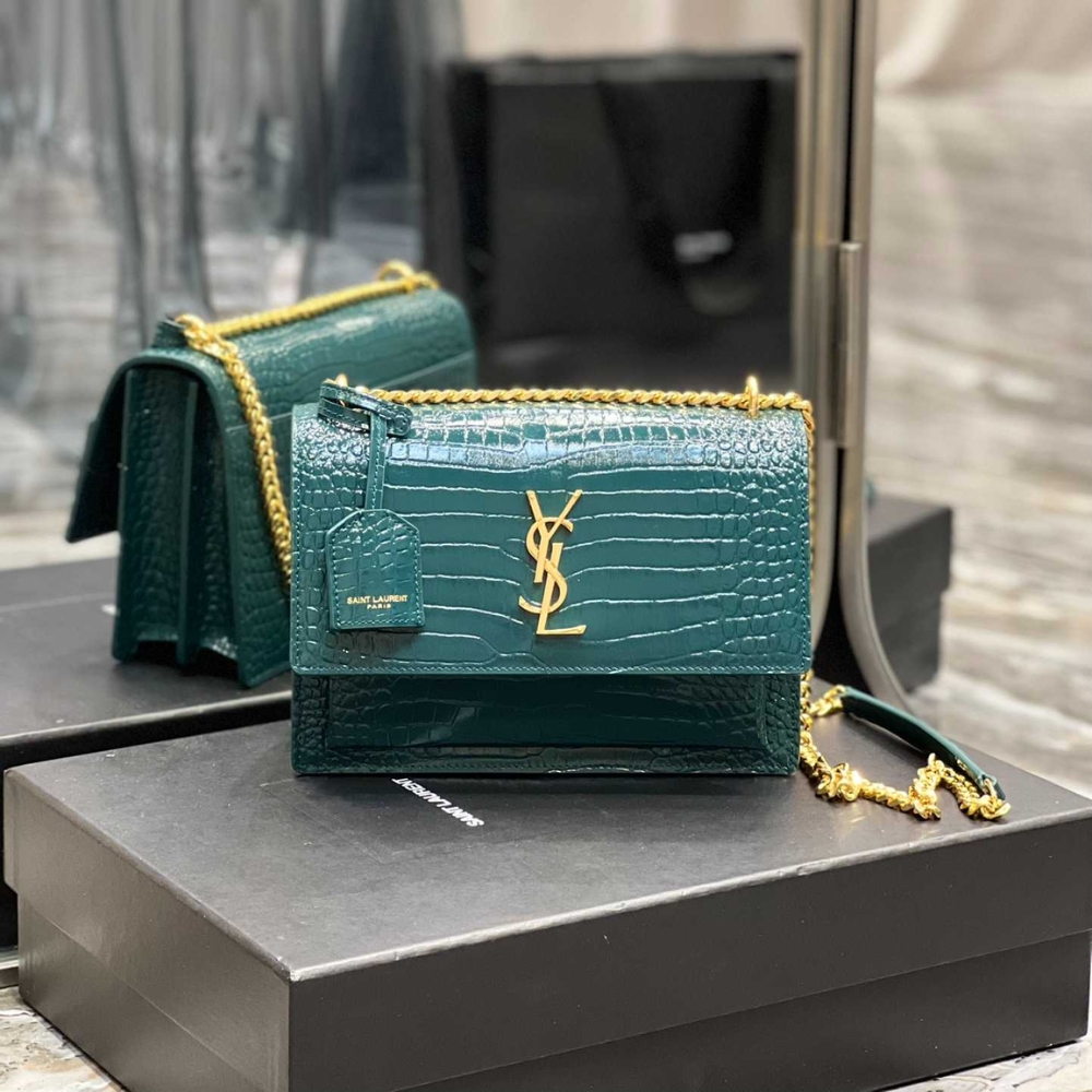 Saint Laurent Sunset Medium In Crocodile Embossed Leather Dark Green 22cm 442906DND0J3144 - Image 8