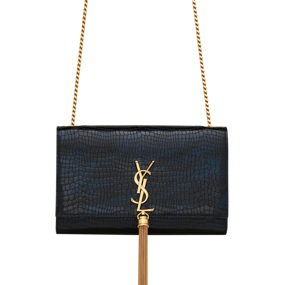 SAINT LAURENT KATE MEDIUM WITH TASSEL IN SHINY CROCODILE EMBOSSED LEATHER BLACK 22CM 354119AAAY14083