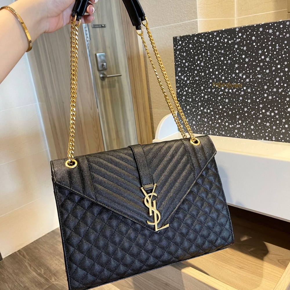 Alternative view of Saint Laurent Envelope Large Bag In Mix Matelassé Grain De Poudre Embossed Black Gold 31Cm 600166Bow911000