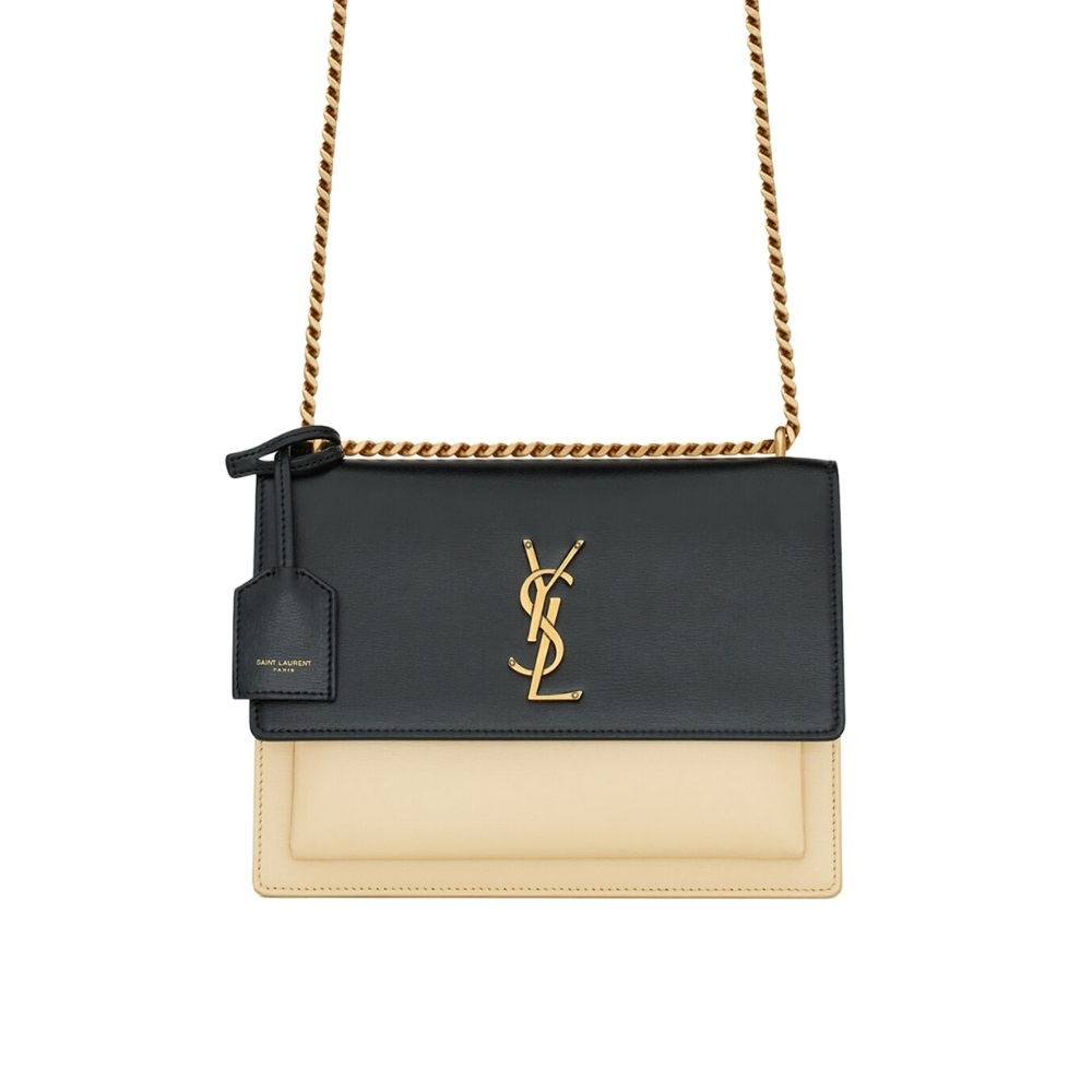 SAINT LAURENT SUNSET MEDIUM CHAIN BAG IN SMOOTH LEATHER BAG BEIGE BLACK 22CM 442906D42EW1089
