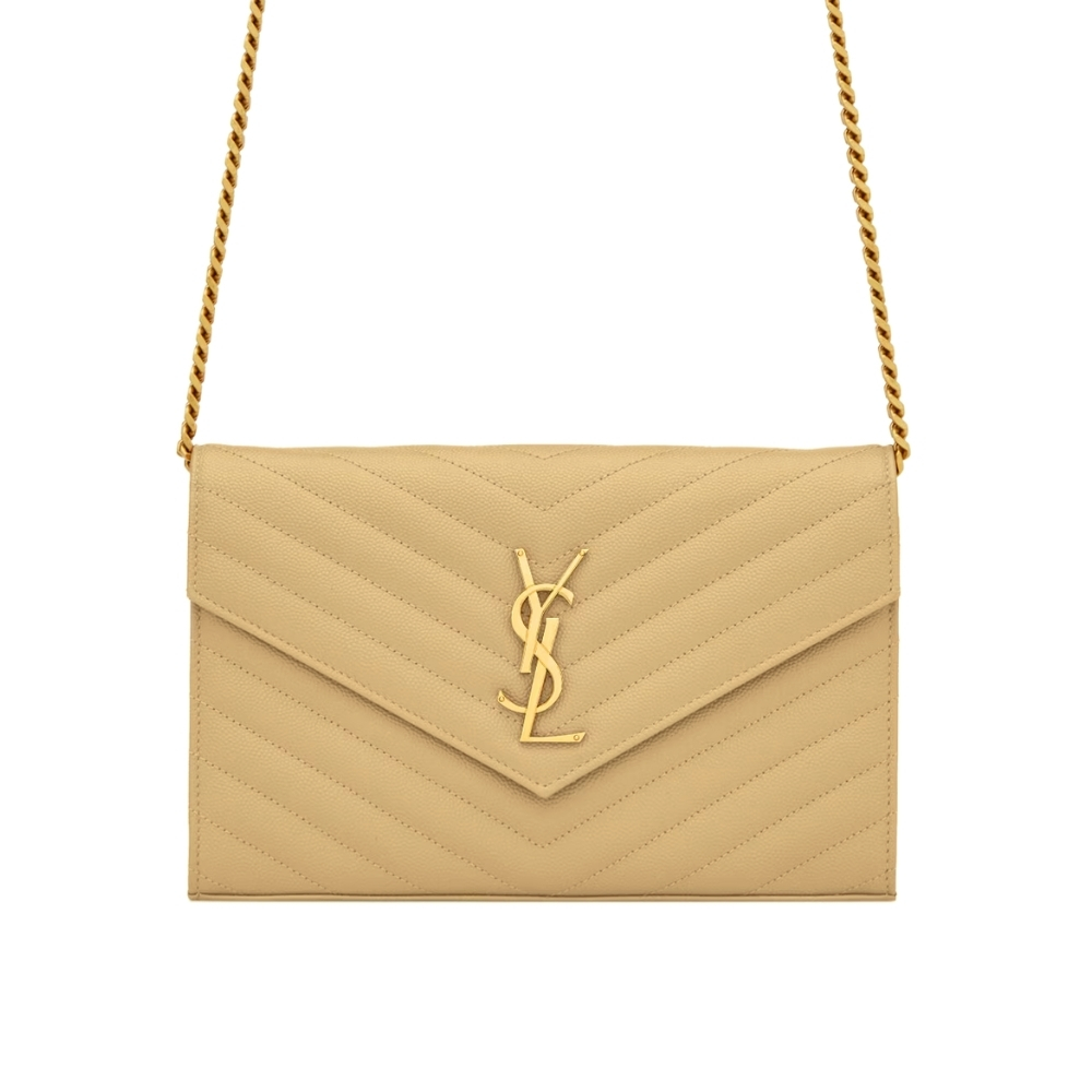 SAINT LAURENT CLASSIC CASSANDRE CHAIN WALLET IN GRAIN DE POUDRE LEATHER BEIGE 22CM 377828BOW012721
