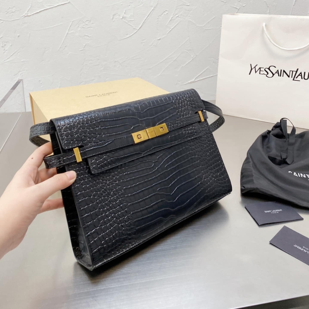 Alternative view of SAINT LAURENT MANHATTAN SMALL IN SHINY CROCODILE EMBOSSED LEATHER BLACK GOLD 24CM 675626DND0W1000