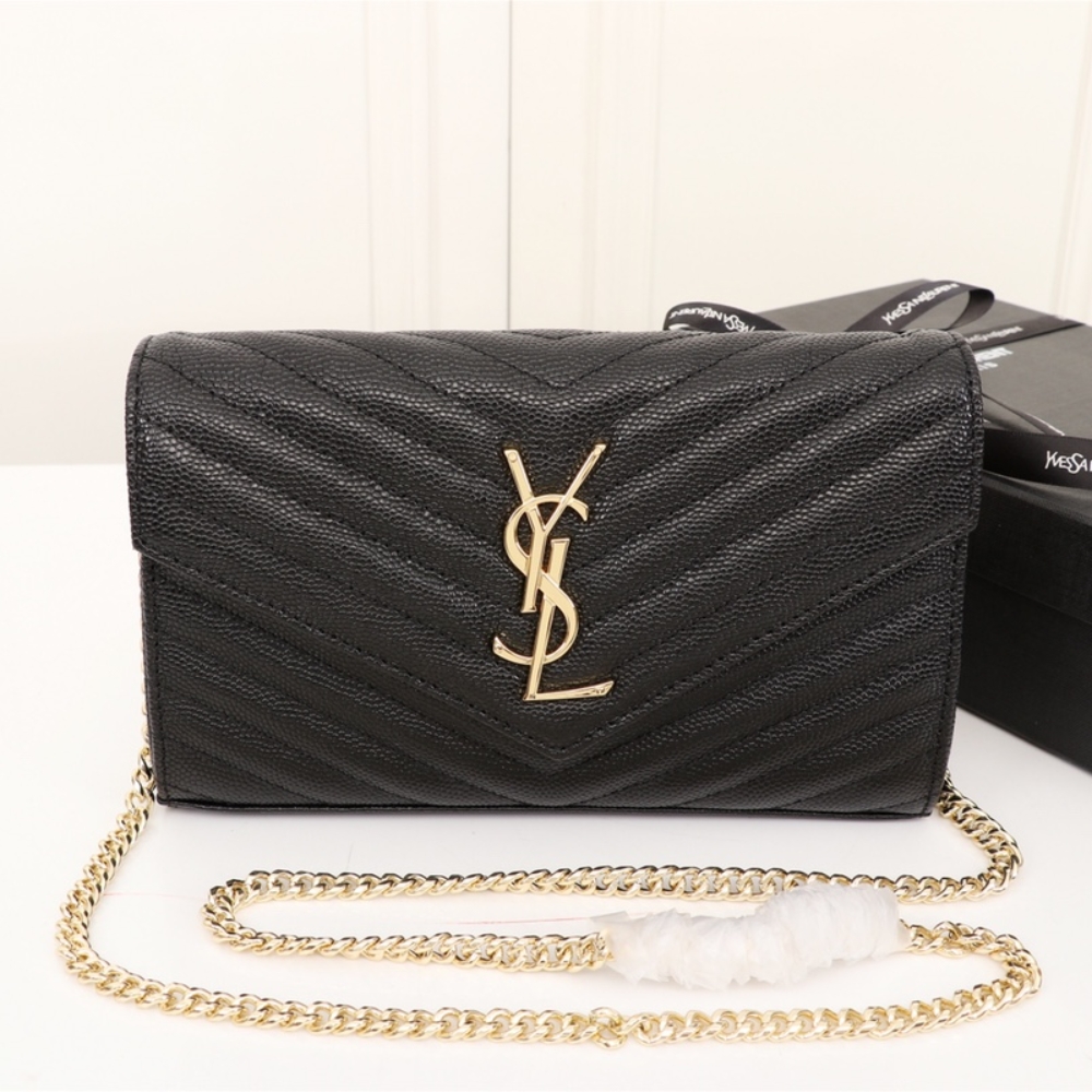 Alternative view of Saint Laurent Classic Cassandre Chain Wallet In Grain De Poudre Black Gold 22Cm 377828BOW011000