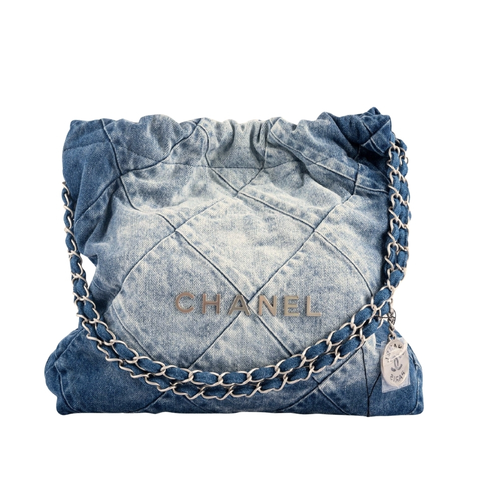 Chanel 22 Handbag Washed Denim Silver Tone Metal Blue 41Cm AS3261 B10439 NM981