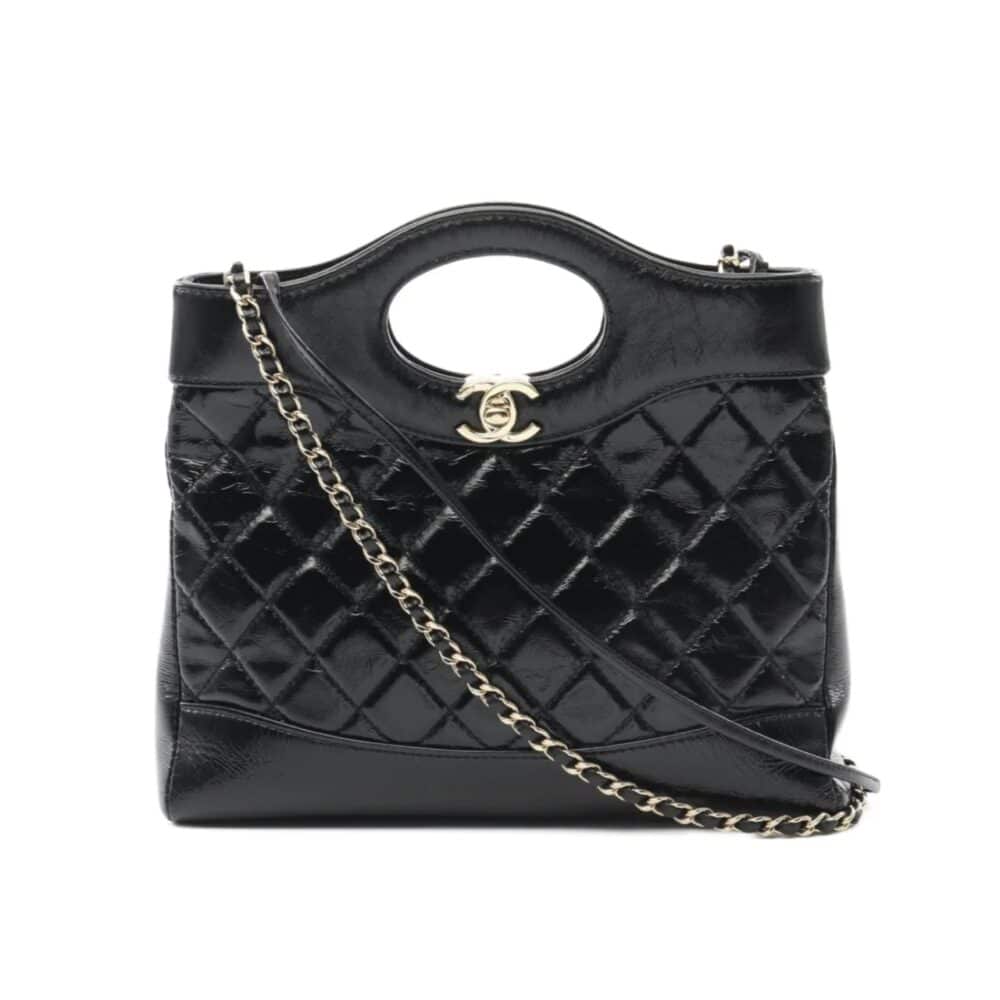 CHANEL 31 LARGE SHINY LEATHER HANDLE BAG GOLD HARDWARE BLACK 37CM