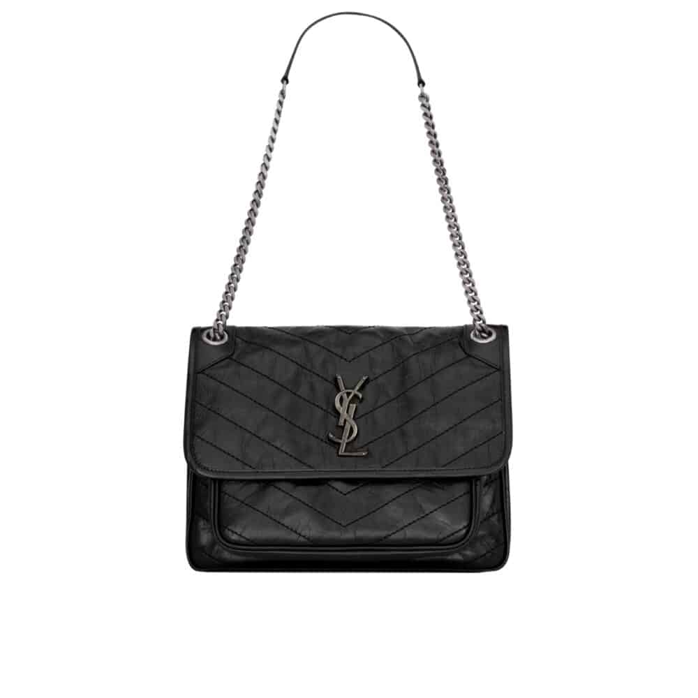 SAINT LAURENT NIKI MEDIUM IN VINTAGE LEATHER BLACK WITH SILVER HARDWARE 28CM