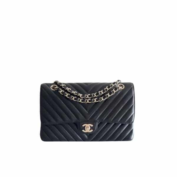 CHANEL BLACK CHEVRON MEDIUM FLAP BAG 25CM
