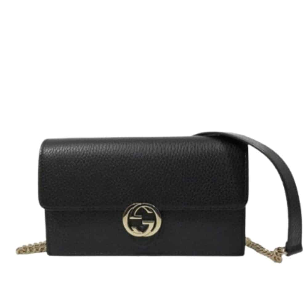 GUCCI PEBBLED BLACK LEATHER INTERLOCKING G WALLET ON CHAIN CLUTCH BAG 20CM