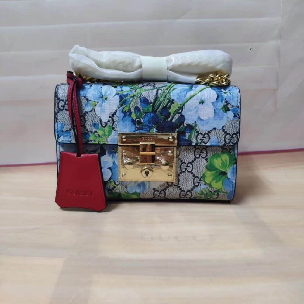 GUCCI GG SUPREME MONOGRAM BLOOMS PADLOCK SMALL SHOULDER BAG NAVY BLUE HIBISCUS 20CM - Image 10