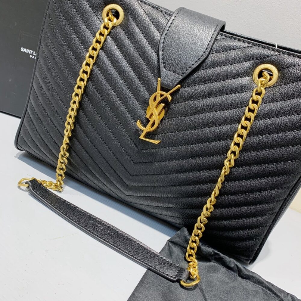 SAINT LAURENT BLACK GRAIN DE POUDRE MATELASSE CHEVRON MONOGRAM SHOPPING BAG GOLD HARDWARE - Image 4