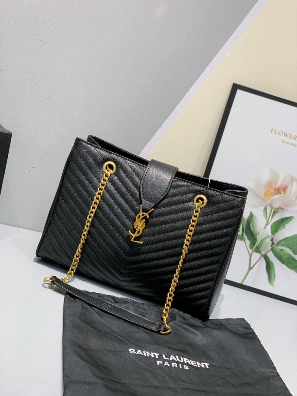 SAINT LAURENT BLACK GRAIN DE POUDRE MATELASSE CHEVRON MONOGRAM SHOPPING BAG GOLD HARDWARE - Image 5
