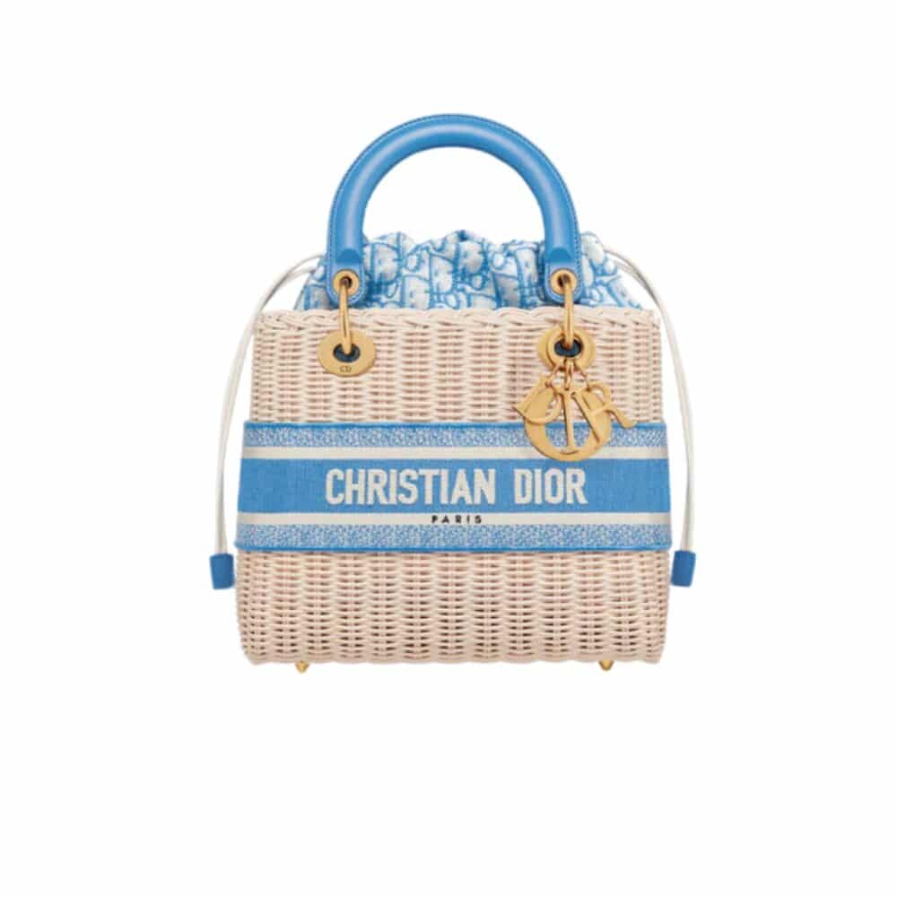 DIOR MEDIUM LADY NATURAL WICKER CORNFLOWER OBLIQUE JACQUARD BLUE 24CM M0565CMVO M917