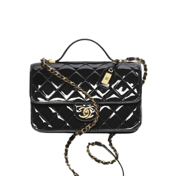 CHANEL TOP HANDLE MEDIUM FLAP LEATHER SHINY BLACK