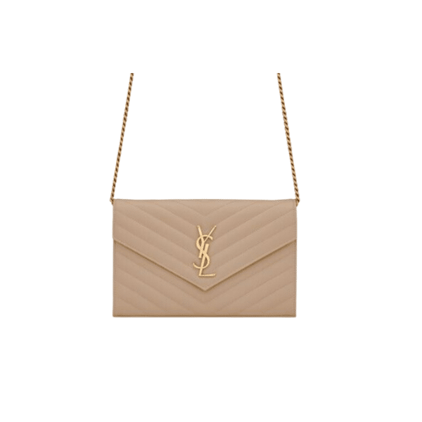 SAINT LAURENT CASSANDRE MATELASSÉ CHAIN WALLET IN GRAIN DE POUDRE EMBOSSED BEIGE 22CM 377828BOW012721