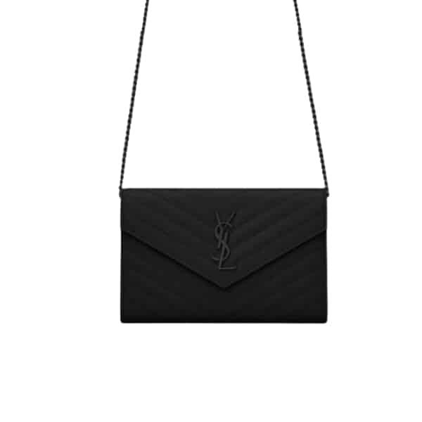 SAINT LAURENT CASSANDRE MATELASSÉ CHAIN WALLET IN GRAIN DE POUDRE EMBOSSED BLACK NOIR 22CM 377828BOW081000
