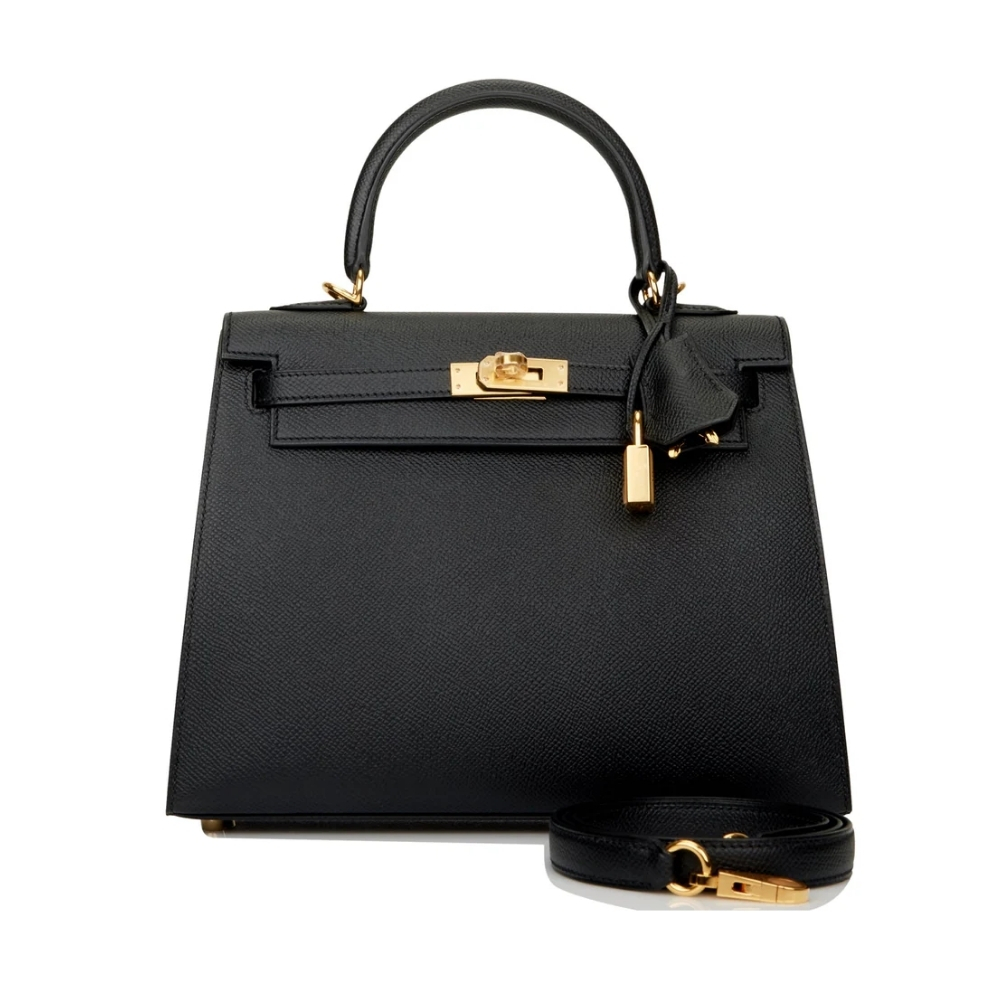 HERMES KELLY SELLIER 25 EPSOM GOLD HARDWARE BLACK 25CM