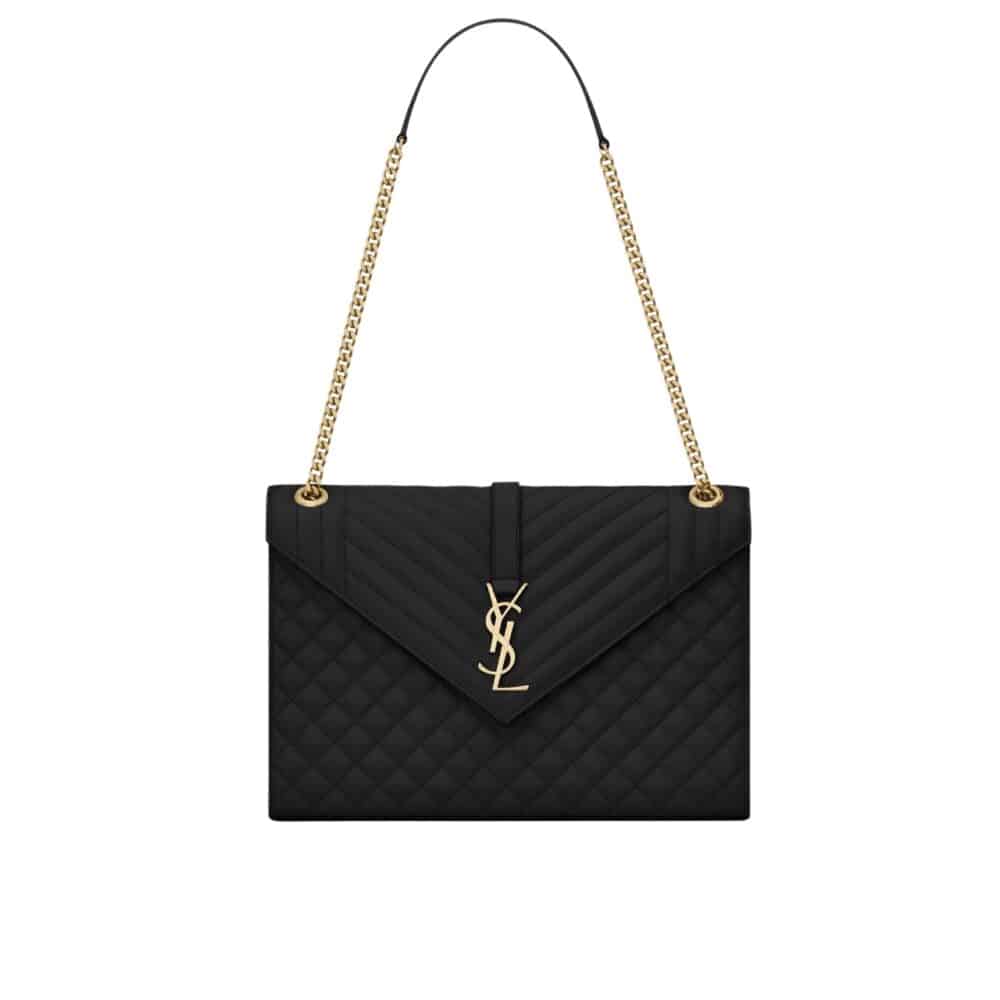 SAINT LAURENT ENVELOPE LARGE IN QUILTED GRAIN DE POUDRE EMBOSSED LEATHER BLACK GOLD 31CM 600166BOW911000
