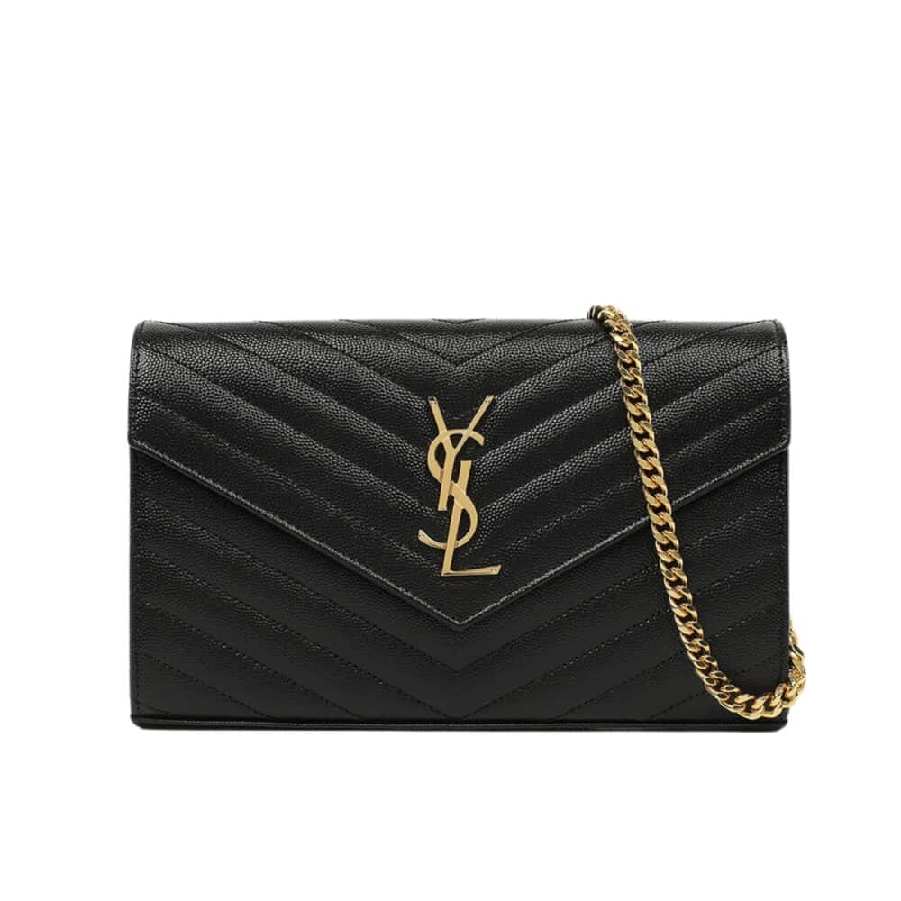 SAINT LAURENT CASSANDRE MATELASSÉ CHAIN WALLET IN GRAIN DE POUDRE EMBOSSED BLACK GOLD 22CM 377828 BOW01 1000
