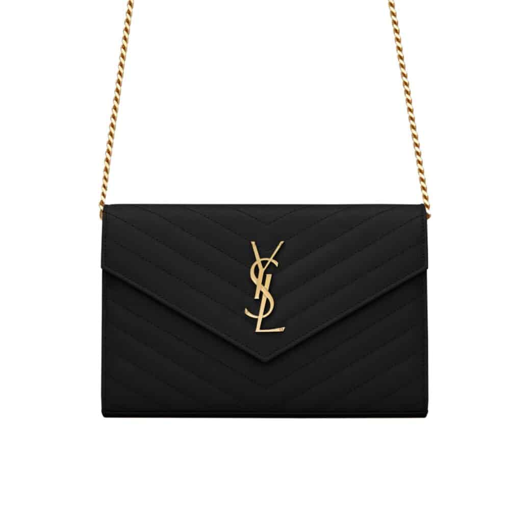 SAINT LAURENT CLASSIC CASSANDRE CHAIN WALLET IN GRAIN DE POUDRE BLACK GOLD 22CM 377828BOW011000