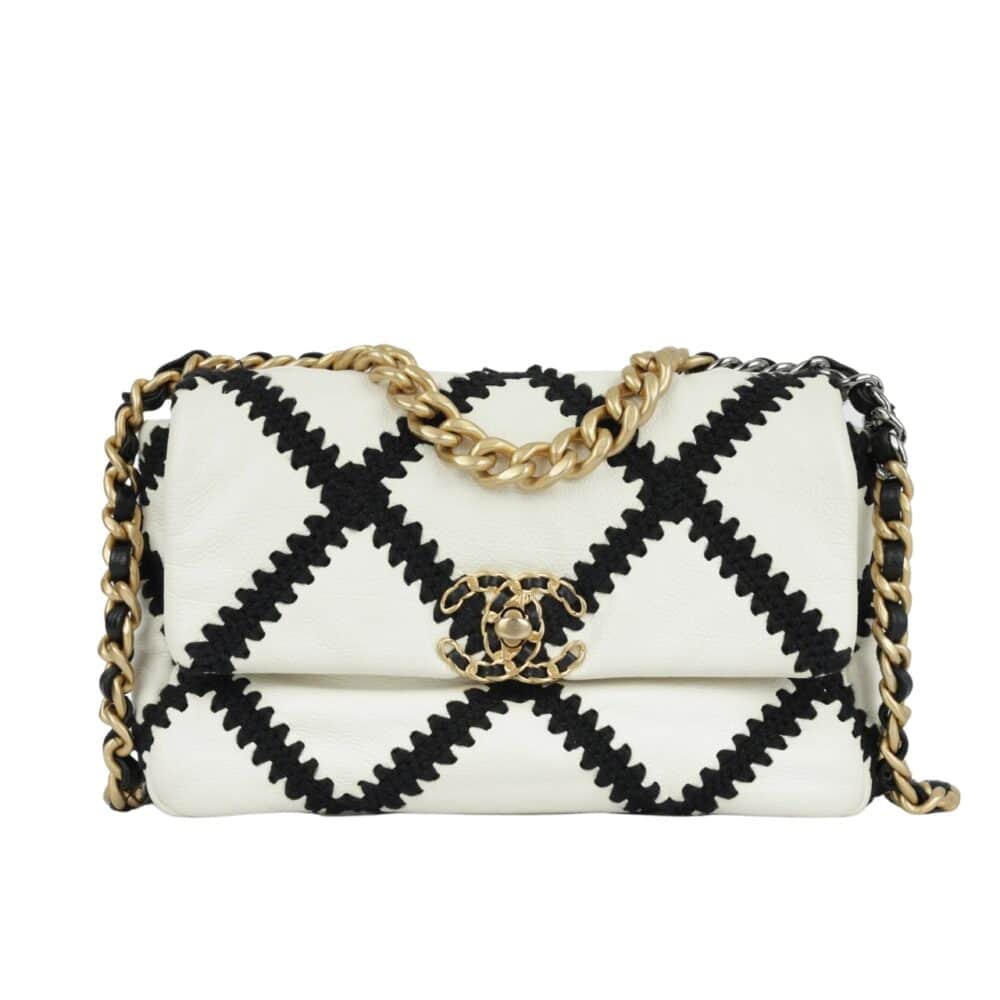 CHANEL 19 FLAP BAG CROCHET GOLD AND SILVER TONE WHITE BLACK 24CM AS1160 B04824 C0200