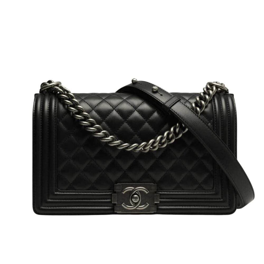 CHANEL BOY MEDIUM HANDBAG BLACK SLIVER HARDWARE 25CM A67086 Y09953 94305