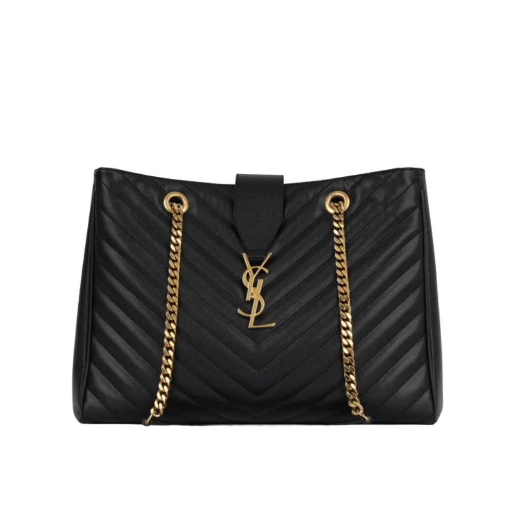 SAINT LAURENT BLACK GRAIN DE POUDRE MATELASSE CHEVRON MONOGRAM SHOPPING BAG GOLD HARDWARE