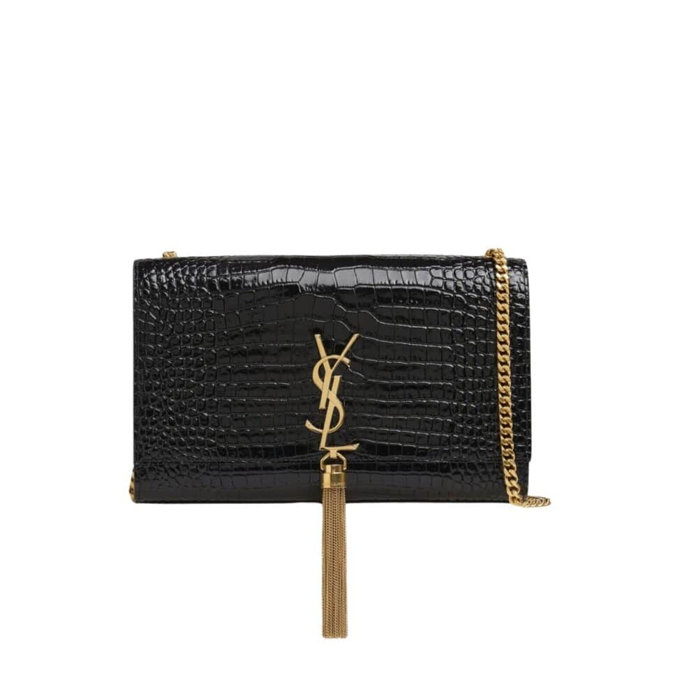 SAINT LAURENT KATE MEDIUM CHAIN BAG WITH TASSEL IN SHINY CROCODILE-EMBOSSED LEATHER BLACK 354119AAAY14083
