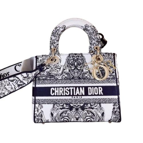 DIOR MEDIUM LADY NAVY BLUE TOILE EMBROIDERY M0565OTDT 24CM