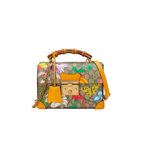 GUCCI WOMEN PADLOCK GG FLORA SMALL BAMBOO SHOULDER BAG 24CM