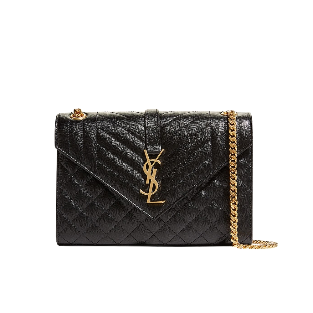 SAINT LAURENT ENVELOPE SMALL IN QUILTED GRAIN DE POUDRE EMBOSSED LEATHER GOLD BLACK 21CM 600195BOW911000