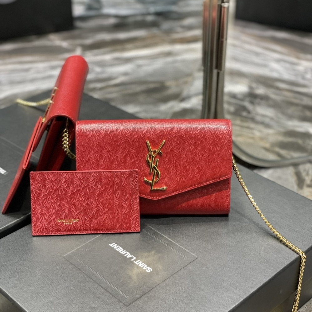 Alternative view of SAINT LAURENT UPTOWN CHAIN WALLET IN GRAIN DE POUDRE EMBOSSED LEATHER RED 19CM