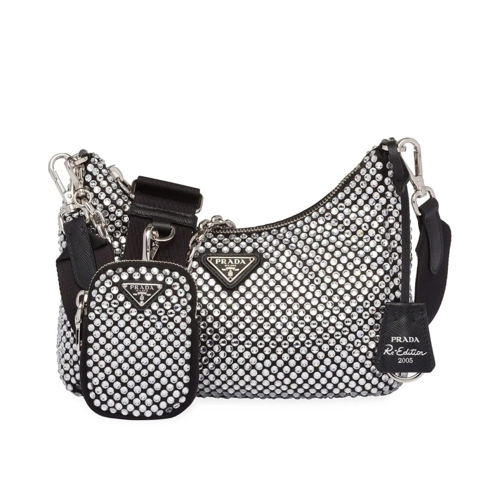 PRADA RE EDITION 2005 SATIN BAG WITH CRYSTALS 23CM 1BH204 2AWL F0T7O V V9L