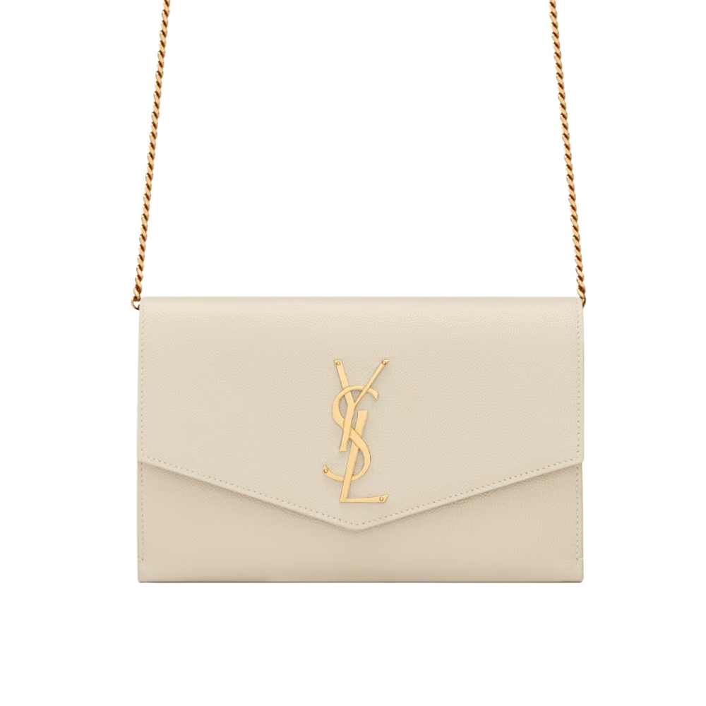 SAINT LAURENT UPTOWN CHAIN WALLET IN GRAIN DE POUDRE EMBOSSED LEATHER BLANC VINTAGE 19CM 6077881GF0J9207