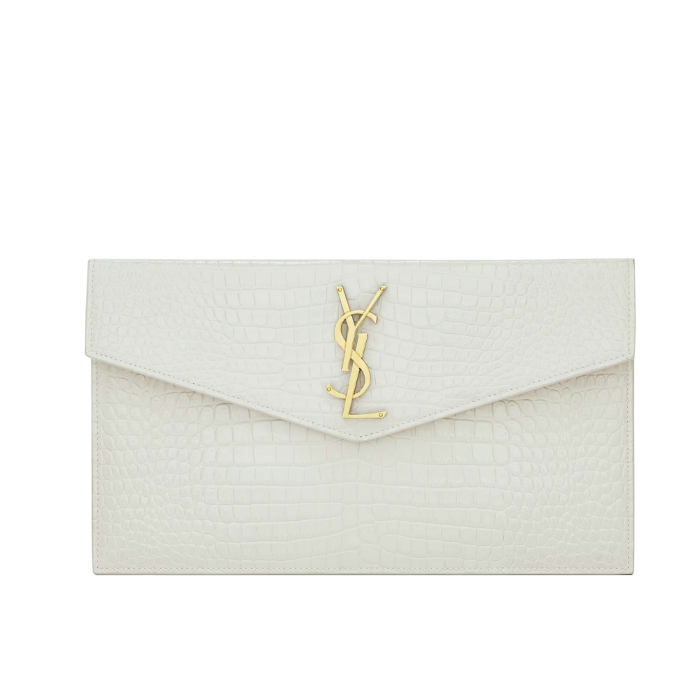 SAINT LAURENT UPTOWN POUCH IN CROCODILE EMBOSSED SHINY LEATHER WHITE 27CM 565739DND0J9207