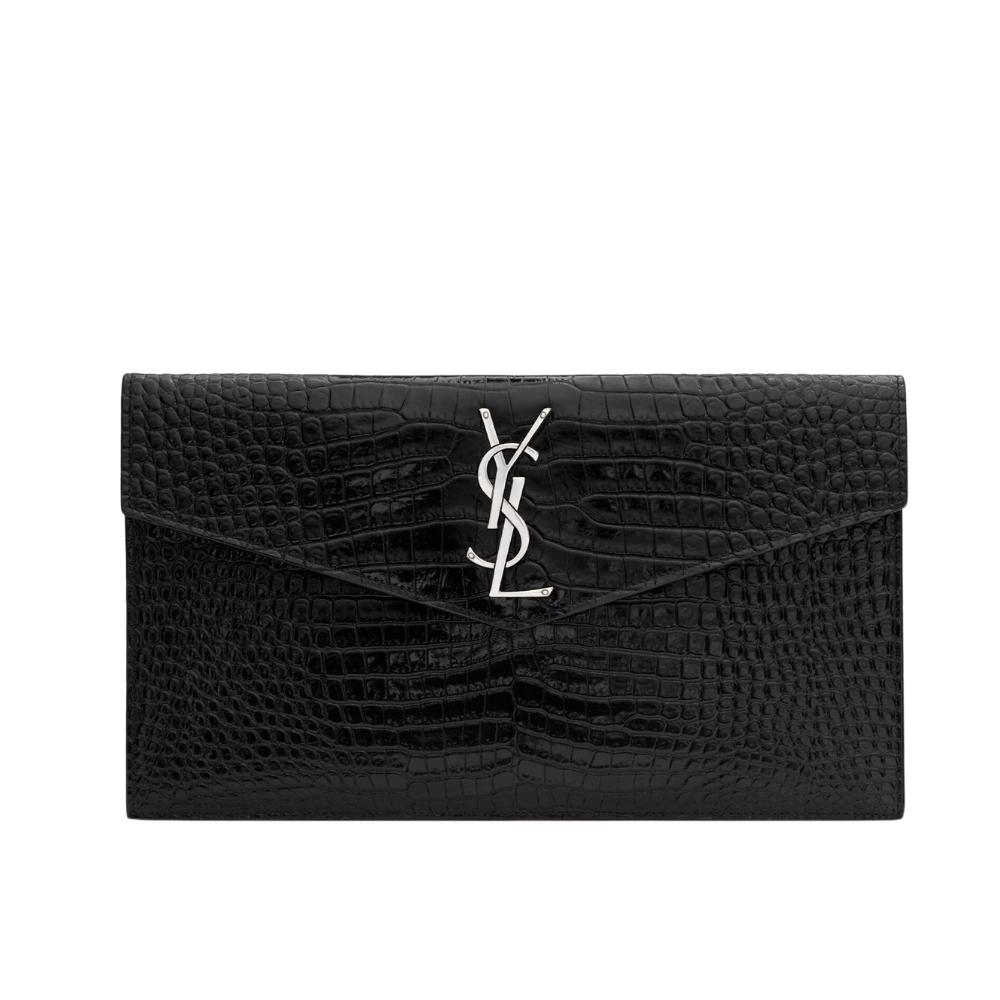 SAINT LAURENT UPTOWN POUCH IN CROCODILE EMBOSSED SHINY LEATHER SILVER BLACK 27CM 565739DND0N1000