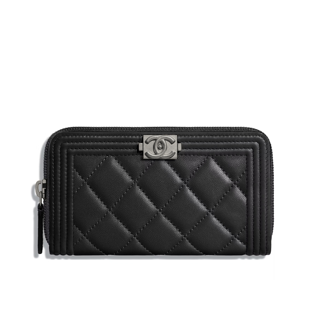 CHANEL BOY LONG ZIPPED WALLET SILVER HARDWARE BLACK 19CM