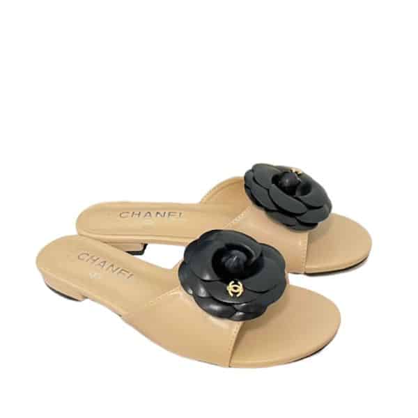 CHANEL BLACK CAMELLIA SLIDES BEIGE