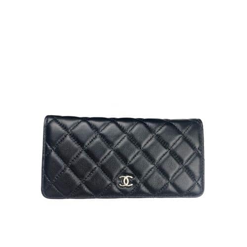 CHANEL BLACK QUILTED CLASSIC LONG FLAP WITH SILVER HARDWARE WALLET 19.5CM