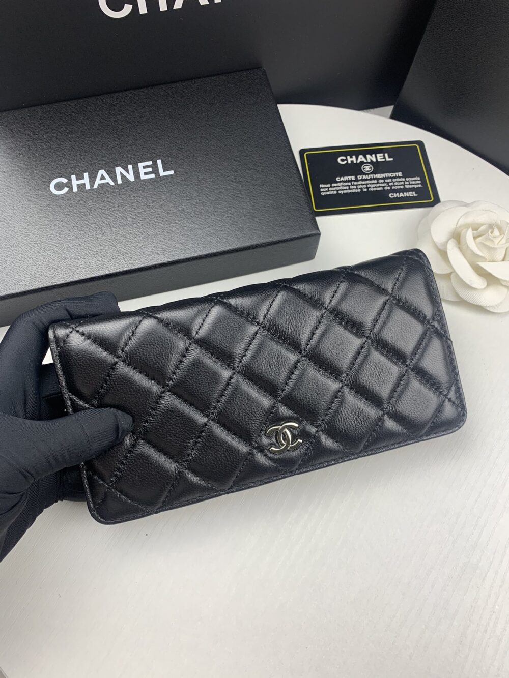 CHANEL BLACK QUILTED CLASSIC LONG FLAP WITH SILVER HARDWARE WALLET 19.5CM - Image 7