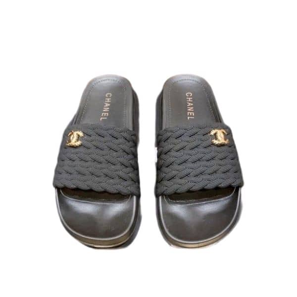 CHANEL BRAIDED SLIDES BLACK