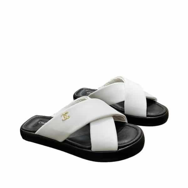 CHANEL CC LOGO CRISS CROSS SLIDES WHITE