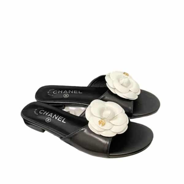 CHANEL WHITE CAMELLIA SLIDES BLACK